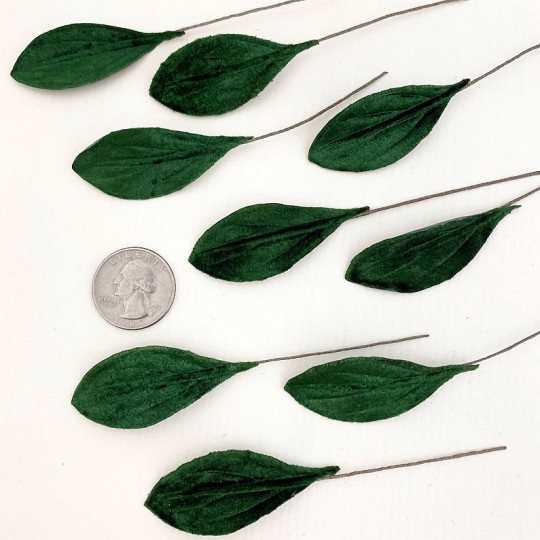 Set of 12 Small Velvet Pear Leaves ~ DARK GREEN