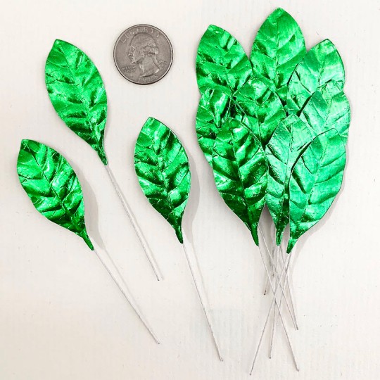 Set of 12 Small Foil Pear Leaves ~ GREEN