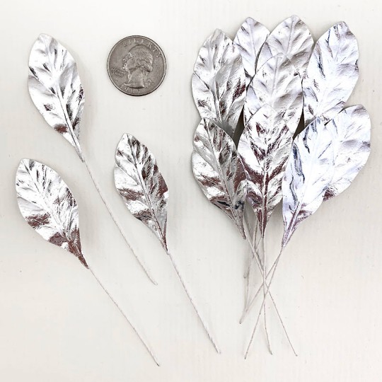 Set of 12 Small Foil Pear Leaves ~ SILVER