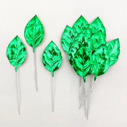 Set of 12 Foil Paper Rose Leaves ~ GREEN