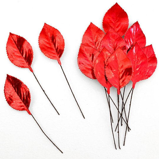 Set of 12 Foil Paper Rose Leaves ~ RED