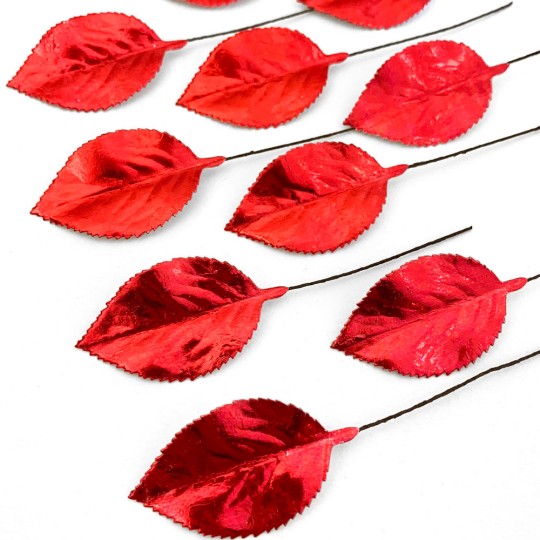Set of 12 Foil Paper Rose Leaves ~ RED