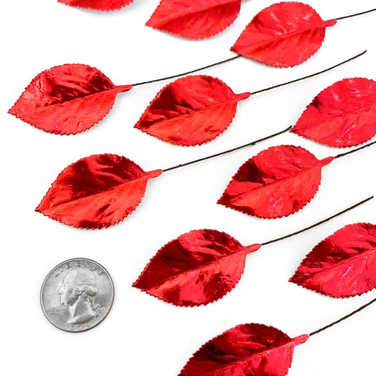 Set of 12 Foil Paper Rose Leaves ~ RED