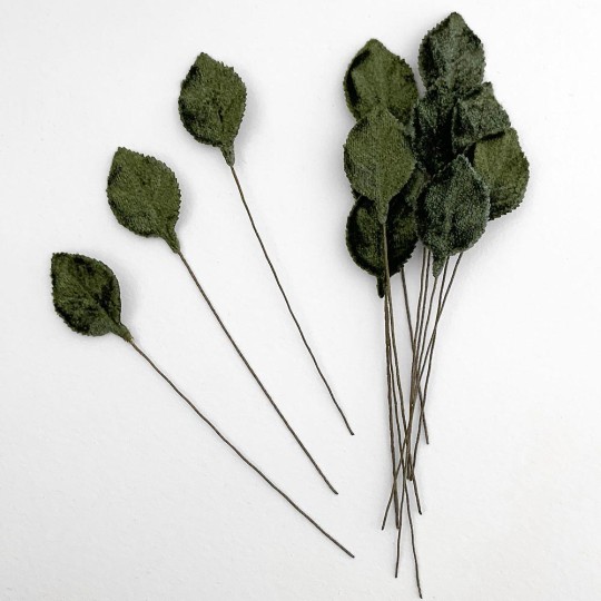 Set of 12 Petite Velvet Rose Leaves ~ MOSS GREEN