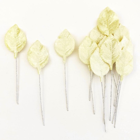 Set of 12 Petite Velvet Rose Leaves ~ PALE YELLOW