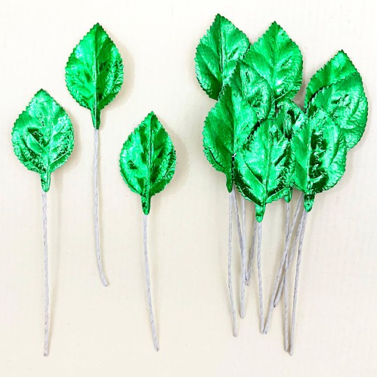 Set of 12 Foil Paper Petite Rose Leaves ~ GREEN