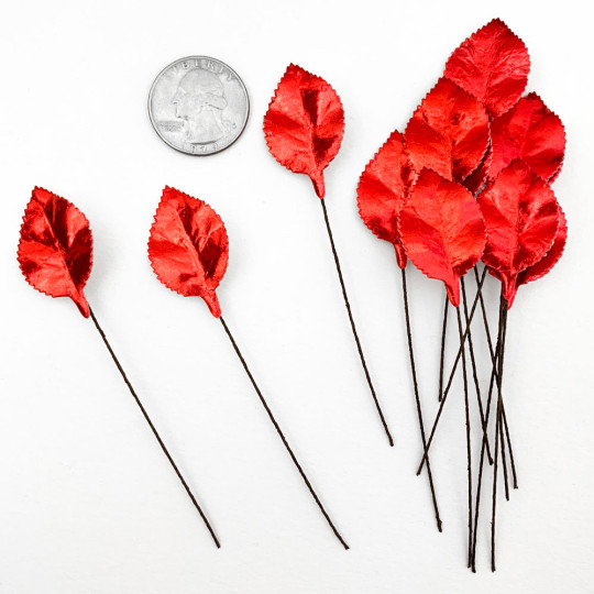 Set of 12 Foil Paper Petite Rose Leaves ~ RED