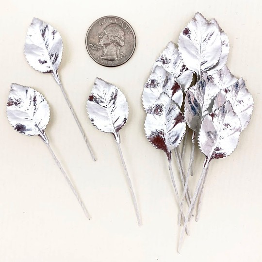 Set of 12 Foil Paper Petite Rose Leaves ~ SILVER