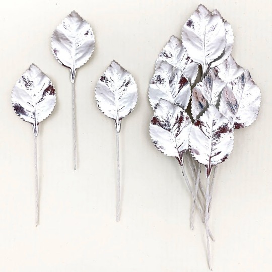 Set of 12 Foil Paper Petite Rose Leaves ~ SILVER