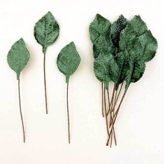 Set of 12 Petite Velvet Rose Leaves ~ SAGE GREEN