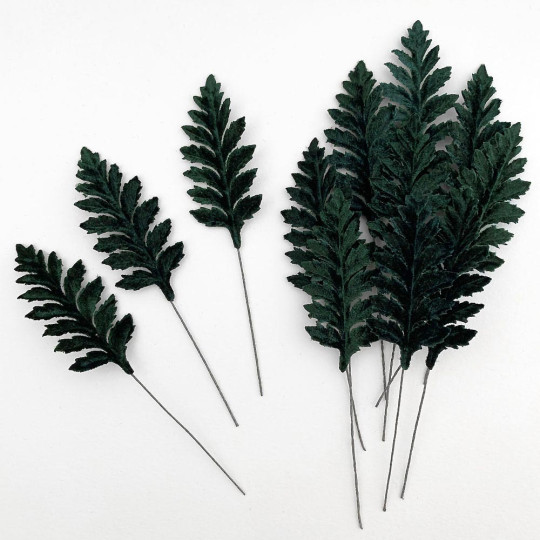 Set of 12 Velvet Fern Leaves ~ DARK GREEN
