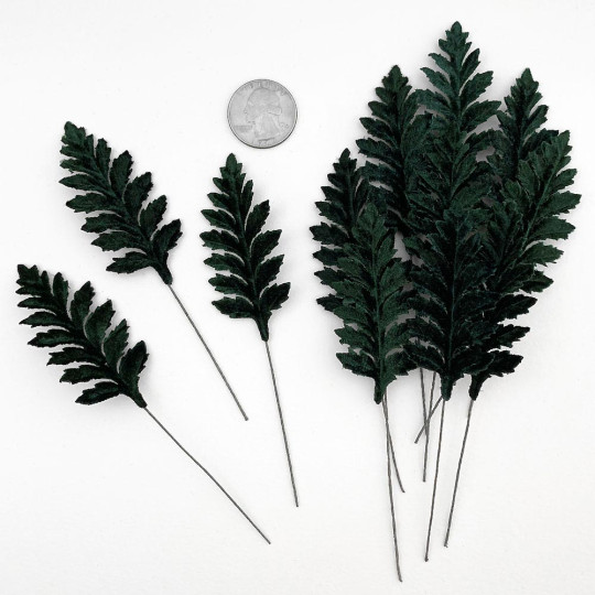 Set of 12 Velvet Fern Leaves ~ DARK GREEN