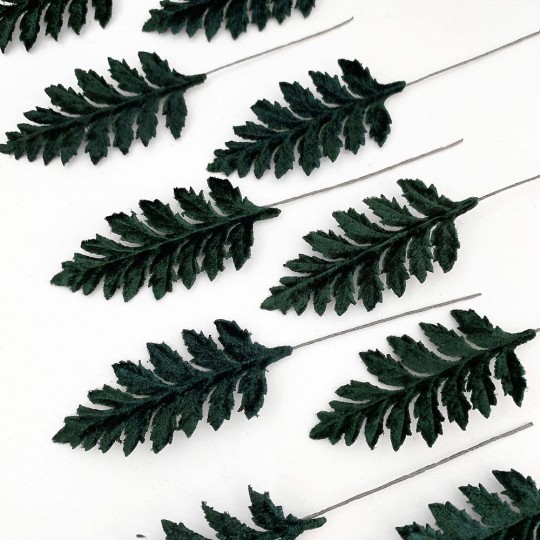Set of 12 Velvet Fern Leaves ~ DARK GREEN