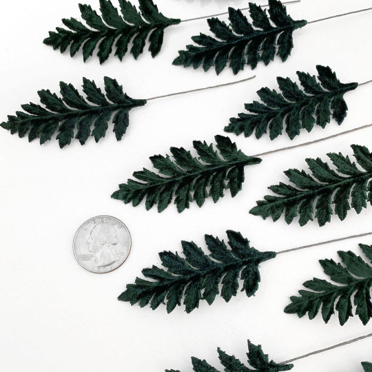 Set of 12 Velvet Fern Leaves ~ DARK GREEN