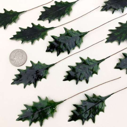 Set of 12 Green Lacquered Holly Leaves for Christmas Crafts