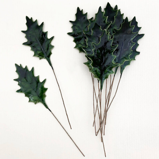 Set of 12 Green Lacquered Holly Leaves for Christmas Crafts