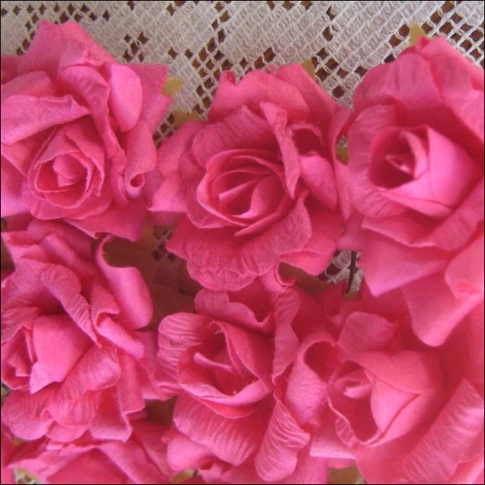12 Fuchsia Pink Dainty Rose Paper Flowers