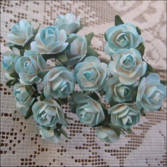 24 Sweet Blue Mix Petite Rose Paper Flowers