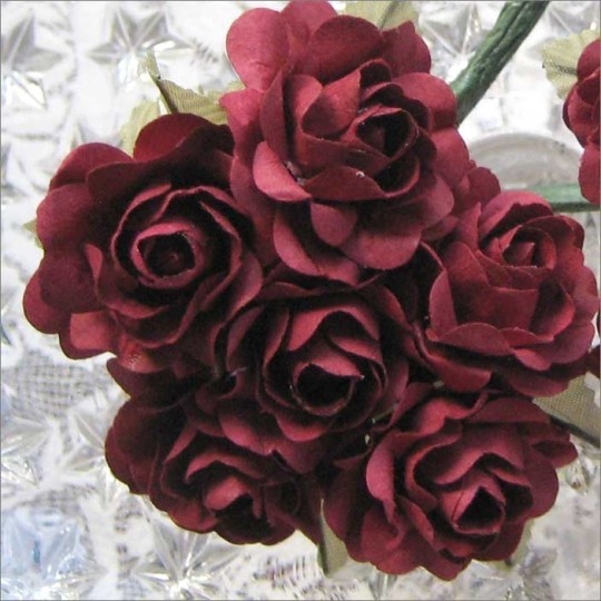 12 Burgundy Paper Open Rose Flowers
