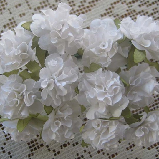 12 White Ruffled Pom Pom Paper Flowers