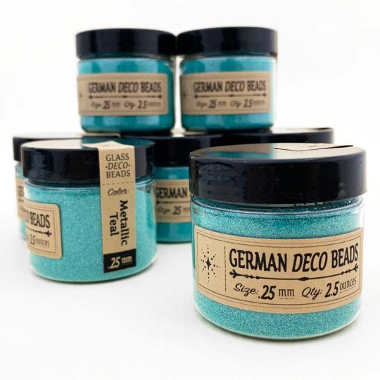 German Glass Deco Beads in METALLIC TEAL ~ .25mm size ~ 2.5 oz in Jar