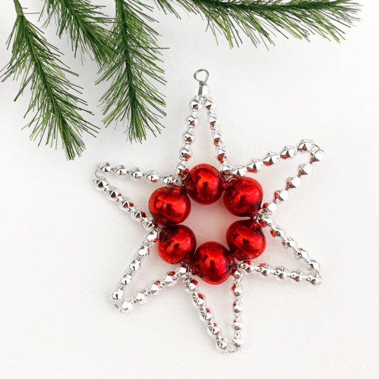 Glass Bead Ornament DIY Project Kit ~ Basic Star ~ Red and Silver ~ Czech Instructions