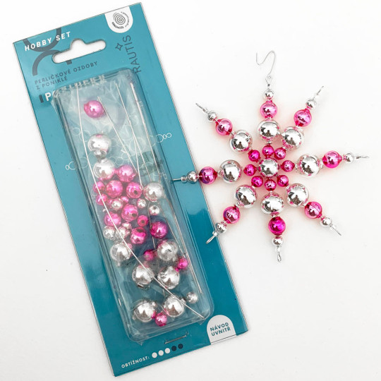 Glass Bead Ornament DIY Project Kit ~ Snowflake ~ Silver and Pink ~ Czech Instructions