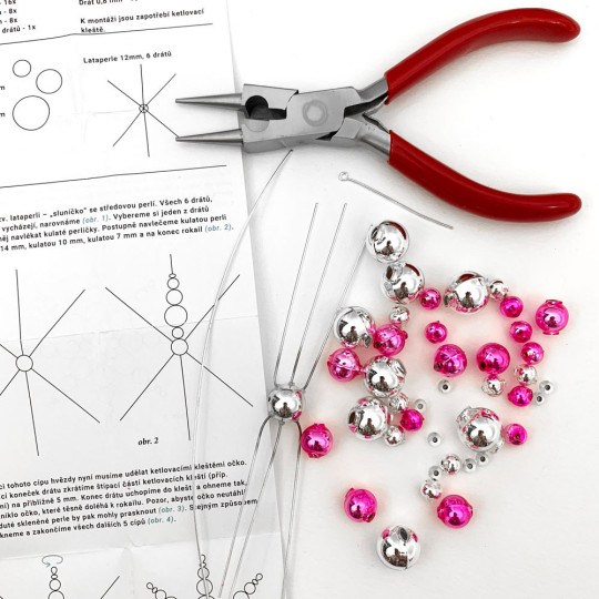 Glass Bead Ornament DIY Project Kit ~ Snowflake ~ Silver and Pink ~ Czech Instructions