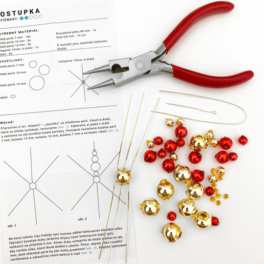 Glass Bead Ornament DIY Project Kit ~ Snowflake ~ Gold and Red ~ Czech Instructions