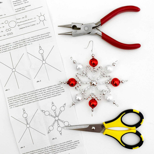 Glass Bead Ornament DIY Project Kit ~ Cinderella Snowflake ~ Silver and Red ~ Czech Instructions