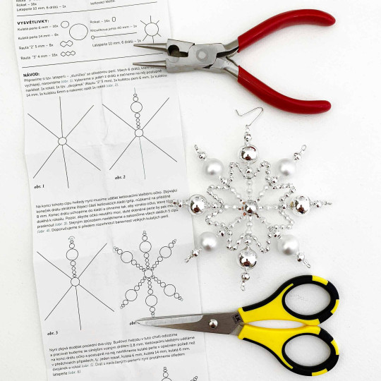 Glass Bead Ornament DIY Project Kit ~ Cinderella Snowflake ~ Silver and Matte White ~ Czech Instructions