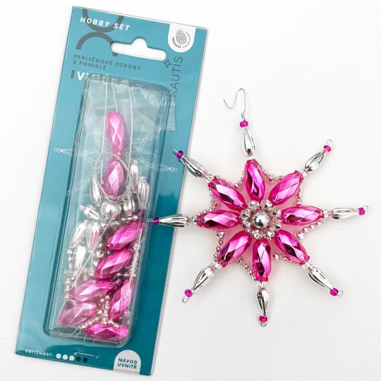 Glass Bead Ornament DIY Project Kit ~ Fancy Snowflake ~ Silver and Pink ~ Czech Instructions