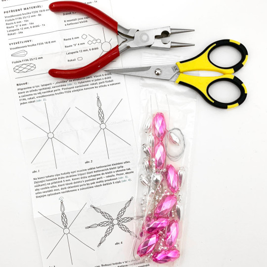 Glass Bead Ornament DIY Project Kit ~ Fancy Snowflake ~ Silver and Pink ~ Czech Instructions