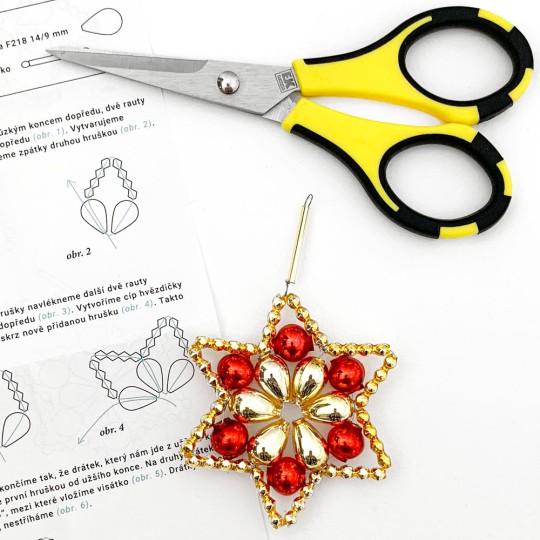 Glass Bead Ornament DIY Project Kit ~ Flower Star ~ Red and Gold ~ Czech Instructions