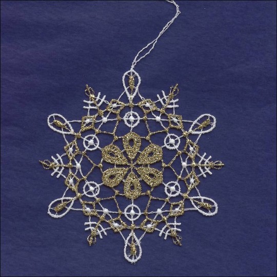Gold and White Lace Loop and Flower Snowflake Ornament ~ 3-1/2" 