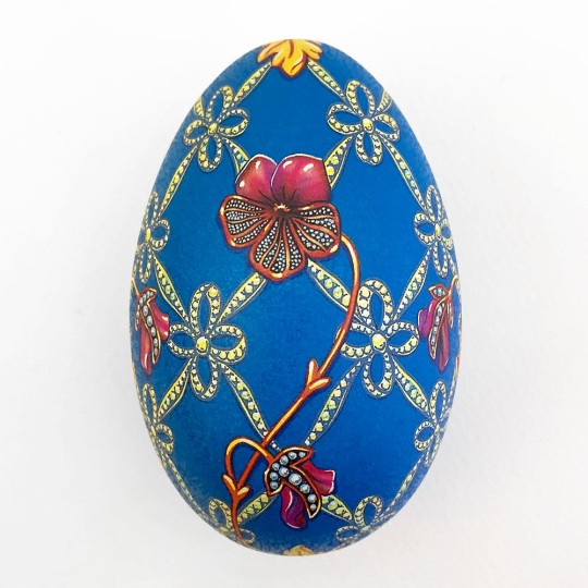 Blue Geometric Flower Faberge Egg Metal Easter Tin ~ 4-1/4" tall