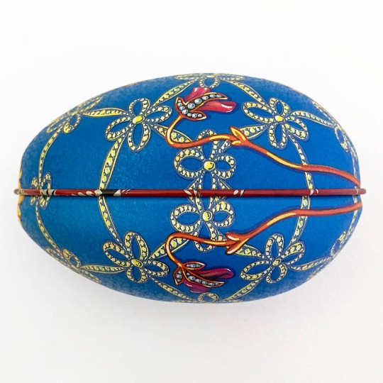 Blue Geometric Flower Faberge Egg Metal Easter Tin ~ 4-1/4" tall