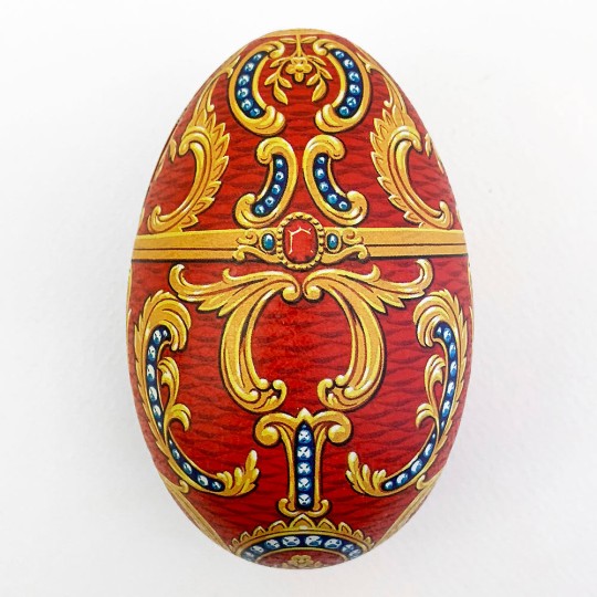 Red Cartouche Faberge Egg Metal Easter Tin ~ 4-1/4" tall