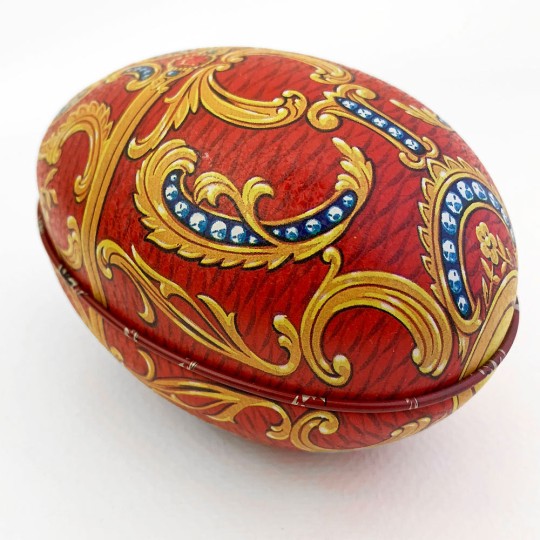 Red Cartouche Faberge Egg Metal Easter Tin ~ 4-1/4" tall