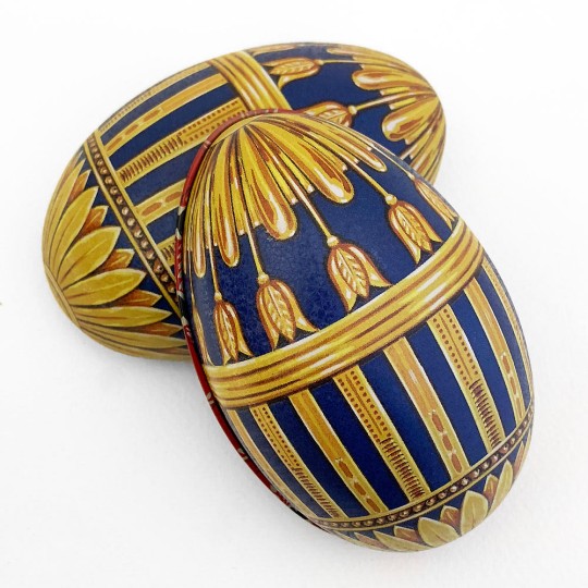 Yellow and Blue Geometric Tulip Faberge Egg Metal Easter Tin ~ 4-1/4" tall