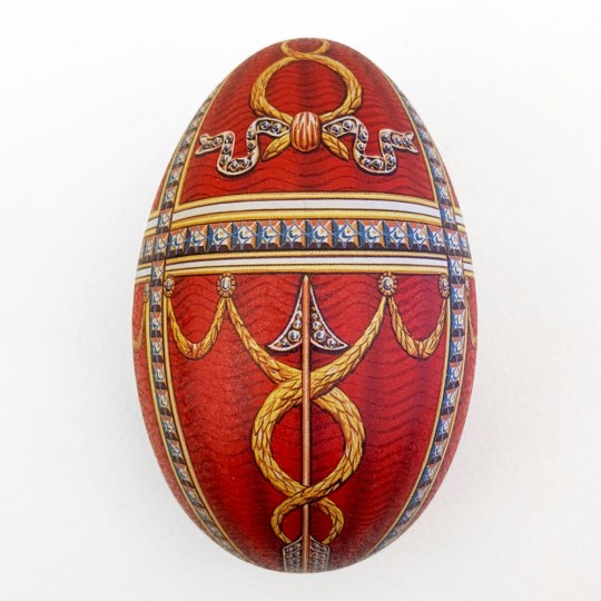 Red Swags Faberge Egg Metal Easter Tin ~ 4-1/4" tall ~ Old Store Stock