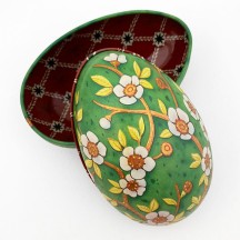 Flowers on Green Faberge Egg Metal Easter Tin ~ 4-1/4" tall