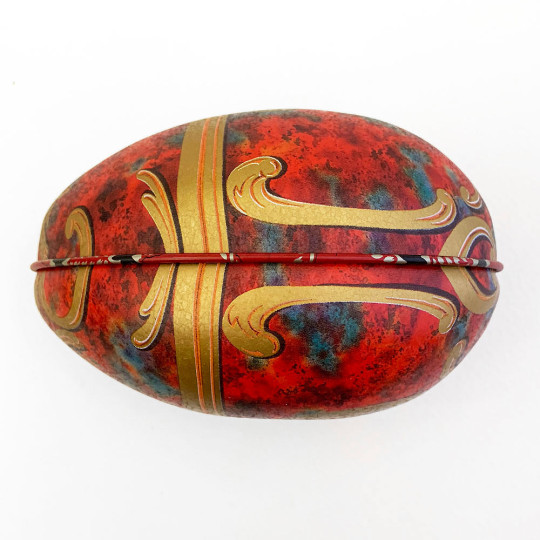 Red Scrolls Faberge Egg Metal Easter Tin ~ 4-1/4" tall ~ Old Store Stock