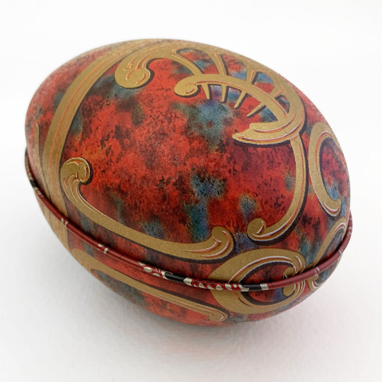 Red Scrolls Faberge Egg Metal Easter Tin ~ 4-1/4" tall ~ Old Store Stock