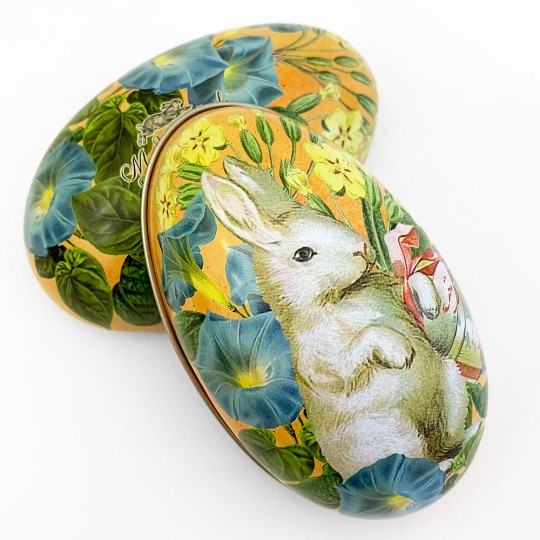 White Bunny Floral Metal Easter Egg Tin ~ 4-1/4" tall