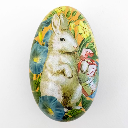 White Bunny Floral Metal Easter Egg Tin ~ 4-1/4" tall