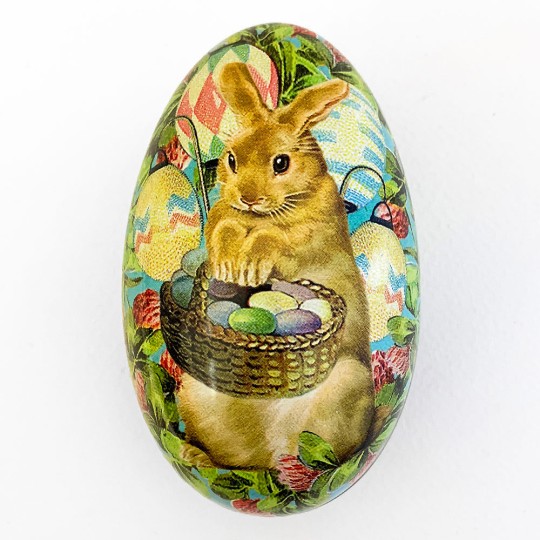 Brown Bunny Floral Metal Easter Egg Tin ~ 4-1/4" tall