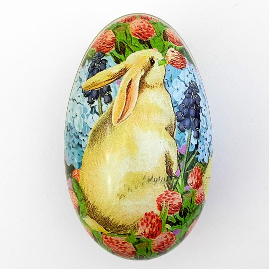 Cream Bunny Mixed Floral Metal Easter Egg Tin ~ 4-1/4" tall