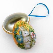 White Bunny Floral Metal Easter Egg Tin and Ornament~ 2-3/4" tall