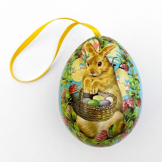Brown Bunny Floral Metal Easter Egg Tin and Ornament ~ 2-3/4" tall